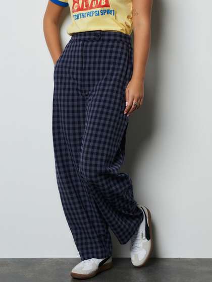 NEXT Women Gingham
                        Checked Barrel Fit Trousers