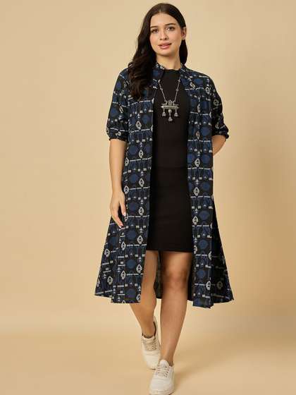 Azira Geometric
                        Printed Longline Open Front Cotton Shrug