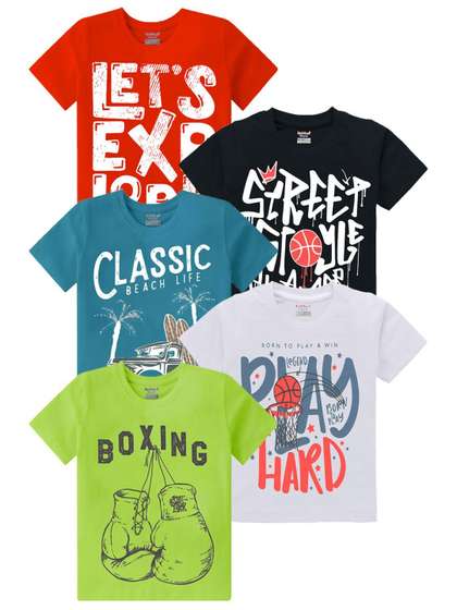 Kiddeo Boys Pack Of 5
                    Typography Printed Round Neck Cotton T-shirts