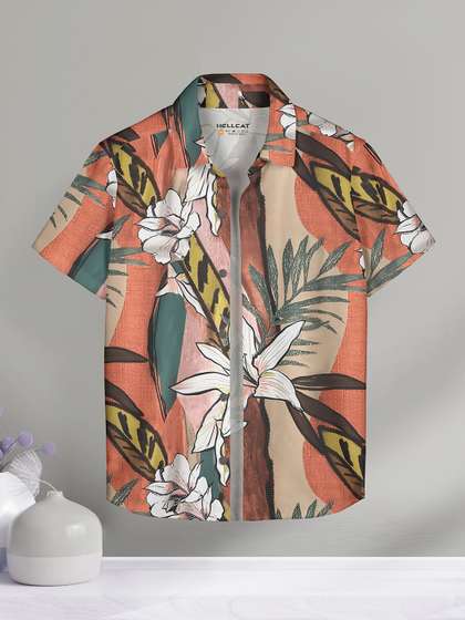 HELLCAT Boys Spread
                    Collar Floral Printed Cotton Casual Shirt
