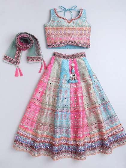 NKV Girls Printed
                        Mirror Work Sweetheart Neck Art Silk Lehenga
                        With Blouse And Dupatta