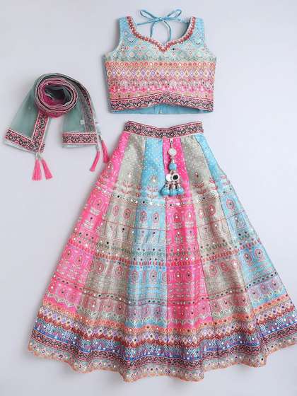 NKV Girls Printed
                        Mirror Work Sweetheart Neck Art Silk Lehenga
                        With Blouse And Dupatta