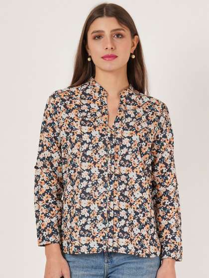 IX IMPRESSION Women
                        Floral Printed Mandarin Collar CottonShirt Style
                        Top