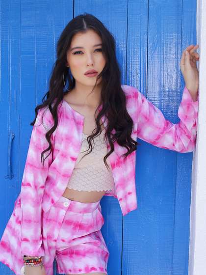 Sera Checked Tie
                          and Dye Crop Open Front Shrug