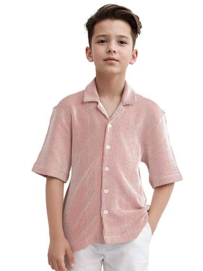 RARE ONES Boys Relaxed
                      Fit Cuban Collar Vertical Striped Cotton Casual
                      Shirt
