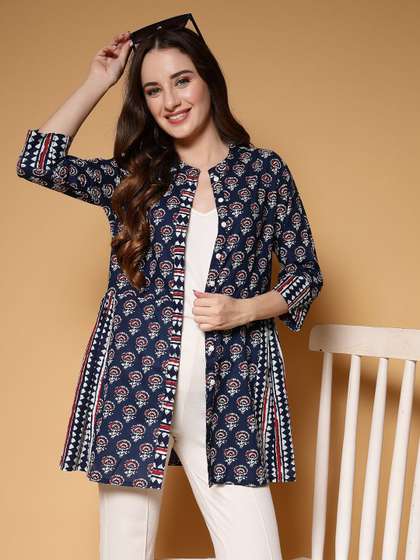 SUBAGI FASHION
                        Floral Printed Gathers Longline Cotton Shrug