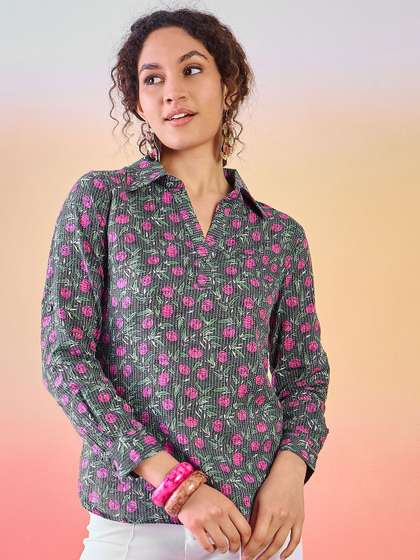 Sangria Floral
                        Printed Shirt Collar Cotton Tunic