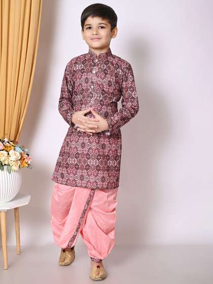 Cae Boys Ethnic Motifs
                    Printed Sequinned Mandarin Collar Straight Kurta
                    with Dhoti Pants