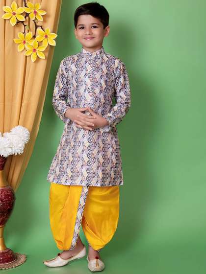 Cae Boys Ethnic Motifs
                    Printed Sequinned Mandarin Collar Dupion Silk Kurta
                    With Dhoti Pant