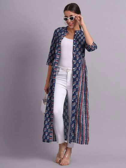 SUBAGI FASHION
                        Floral Printed Gathers Longline Cotton Shrug