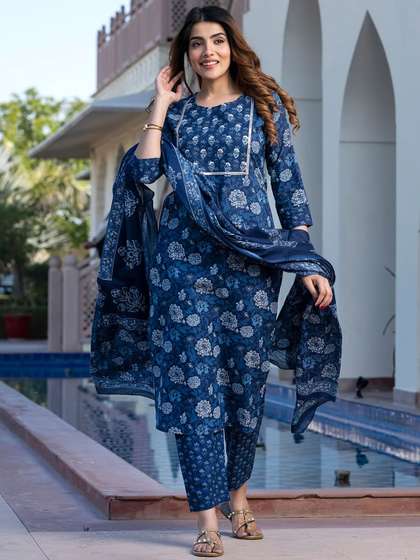 Jaitpuriya Floral
                        Printed Round Neck Pure Cotton Straight Kurta
                        With Trousers & Dupatta