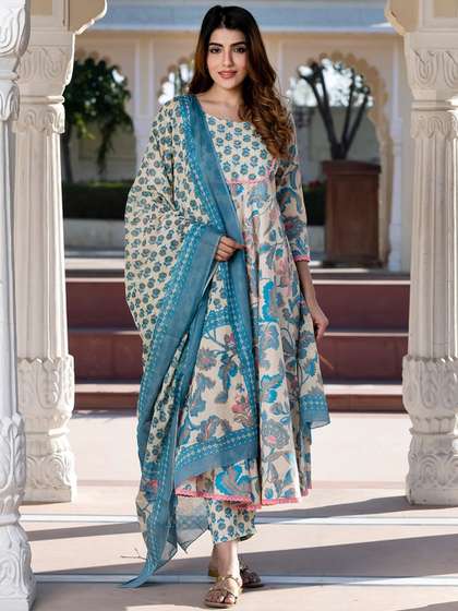 KALINI Women Floral
                        Printed Regular Pure Cotton Kurta with Trousers
                        & With Dupatta