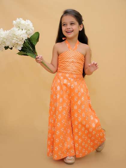 LIL DRAMA Girls Halter
                    Neck Printed Basic Jumpsuit with Embroidered