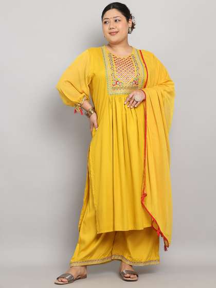 Tulsattva Floral
                        Yoke Design Round Neck Mirror Work Kurta With
                        Palazzos & Dupatta