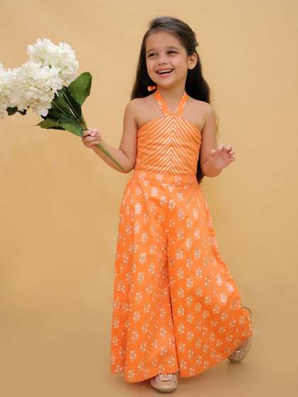 LIL DRAMA Girls Halter
                    Neck Printed Basic Jumpsuit with Embroidered