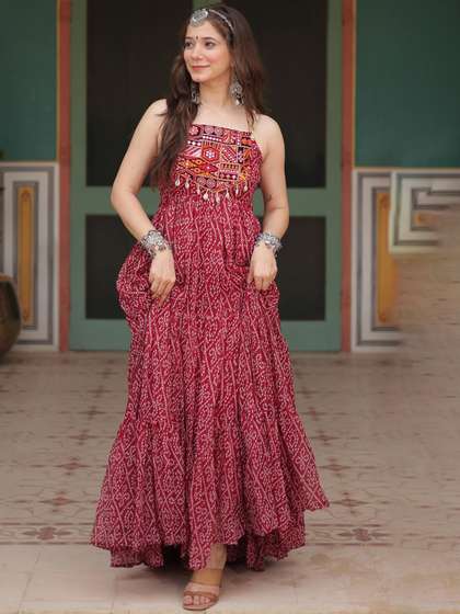 KALINI Bandhani
                      Printed Mirror Work Tiered Anarkali Ethnic Dress