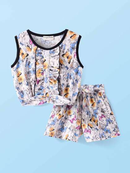 CrayonFlakes Girls
                    Floral Printed Round Neck Pure Cotton Frilled Crop
                    Top With Short