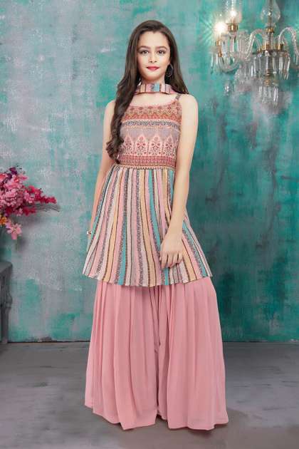 Wommaniya Impex Girls
                      Printed Empire Sequinned Kurta with Sharara &
                      With Dupatta