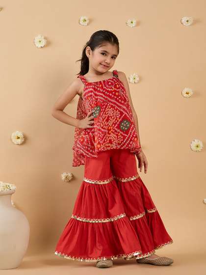 Pspeaches Girls Red
                    Bandhani Chiffon Kurta Sharara Set