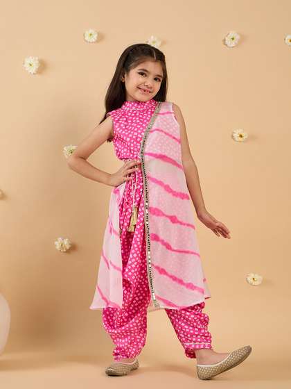 Pspeaches Girls Pink
                    Bandhani Cotton Crop Top Dhoti Cape Set