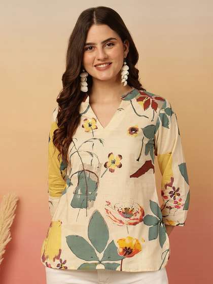 Anouk Multicoloured
                        Floral Print V-Neck Cotton Top