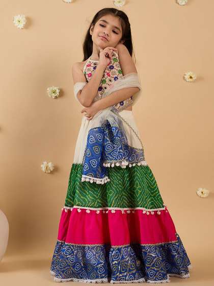 pspeaches Girls Floral
                    Embroidered Mirror Work Silk Lehenga With Choli And
                    Dupatta