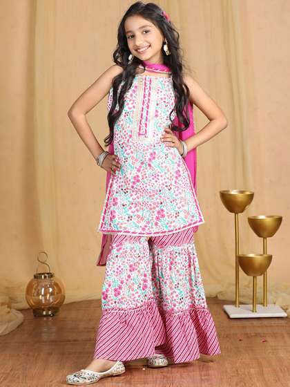 Cutiekins Girls Floral
                    Printed Regular Gotta Patti Kurta with Sharara &
                    With Dupatta
