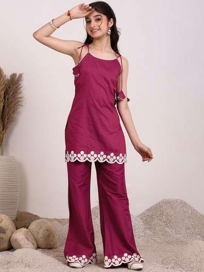Inddus Girls Floral
                    Embroidered Regular Thread Work Kurta with Palazzos