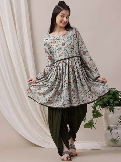 Inddus Girls Floral
                    Printed Pleated Kurta with Dhoti Pants