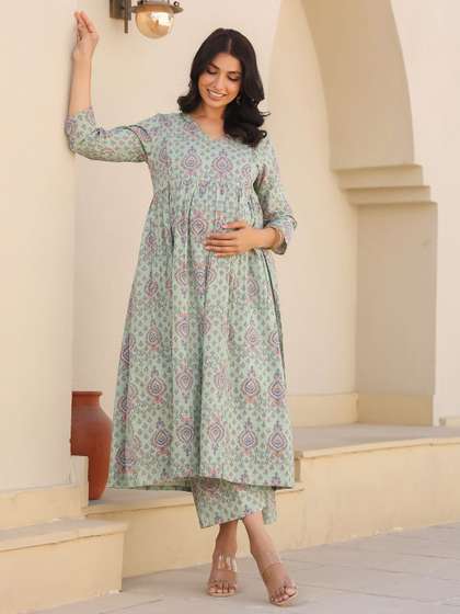 Janasya Women's
                        Light Green Pure Cotton Floral Printed A-line
                        Maternity Kurta Pant Set