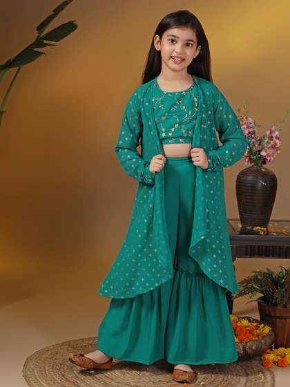 Sangria Green
                          Girls Floral Embroidered Georgette Top With
                          Sharara And Shrug