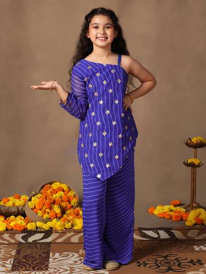 Sangria Girls Blue
                    Leheriya Printed One Shoulder Georgette Straight
                    Kurta & Palazzos