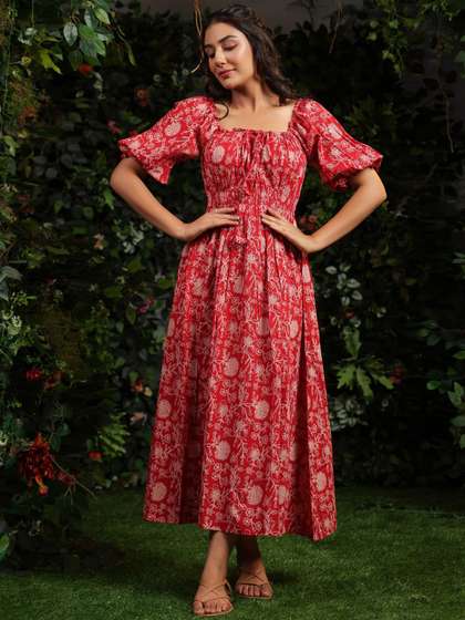 Anayna Floral
                        Printed Cotton Tie-Ups Detail Maxi Ethnic Dress