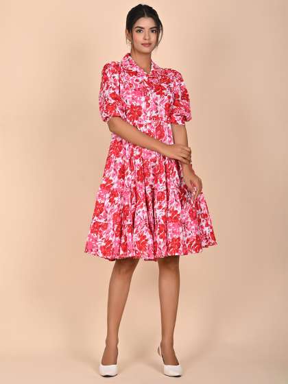 Rashmi Shree Creation Floral Printed Shirt Collar Cotton Puff Sleeve Fit & Flare Dress