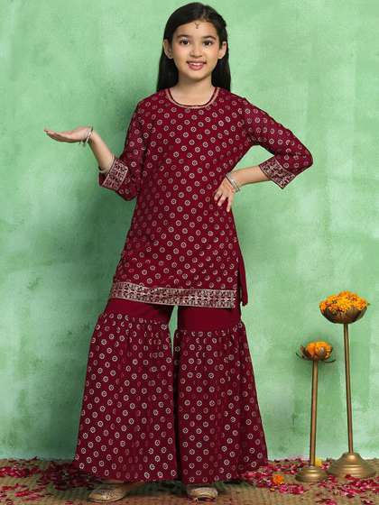 Sangria Girls Maroon
                    Floral Foil Printed Round Neck Georgette Straight
                    Kurta With Sharara