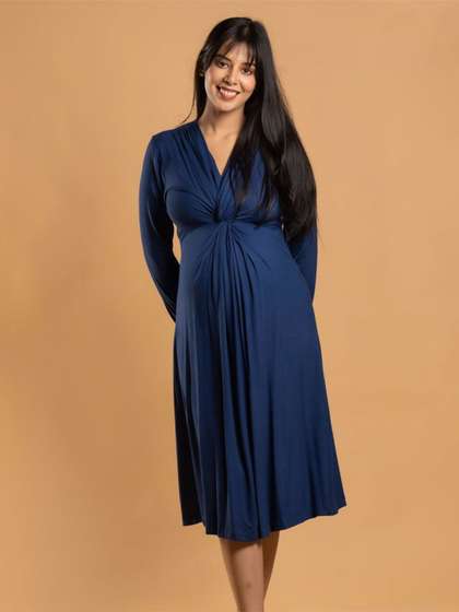 Block Hop Women
                        Maternity A-Line Blue Knotted Dress