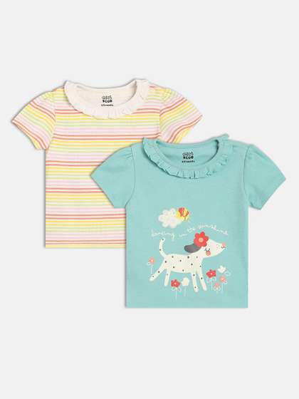 MINI KLUB Girls Pack
                      Of 2 Graphic Printed Round Neck Cotton Tops