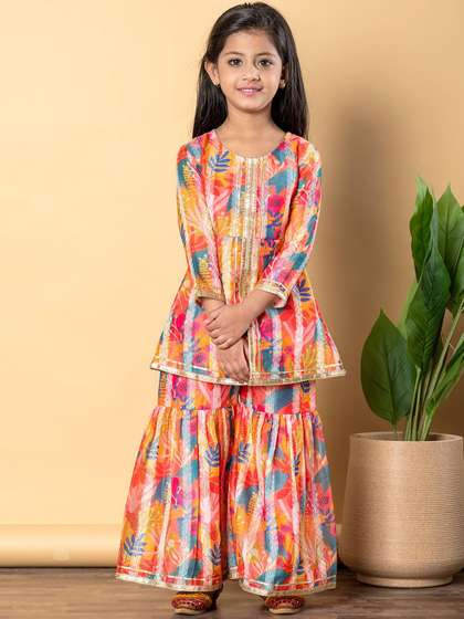 Readiprint Girls Floral
                    Printed Chanderi Silk A-Line Kurta With Sharara