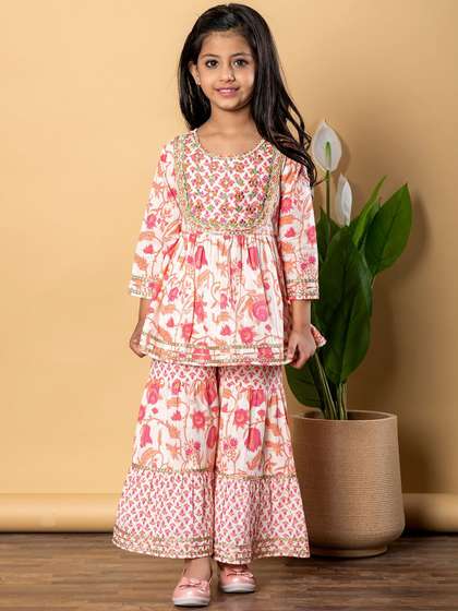 Readiprint Girls
                      Floral Printed Pleated Pure Cotton Anarkali Kurta
                      With Sharara