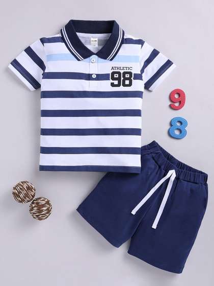 LITTLE NINJA Boys
                    Striped Polo Collar Pure Cotton T-Shirt With Shorts