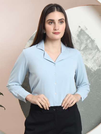 FITHUB Women Cuban Collar Solid Cotton Formal Shirt
