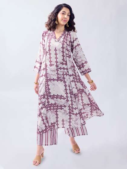 KALINI Geometric Printed V-Neck Three-Quarter Sleeves Regular Kurta & Palazzos Kurta Set
