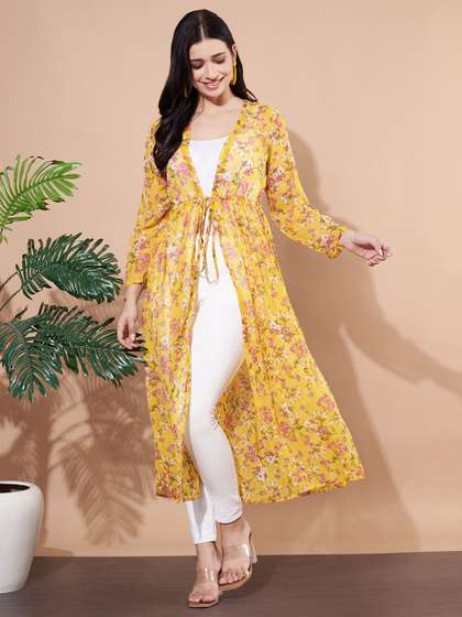 ANVI Be Yourself
                          Floral Printed Yellow Gathered Front Open
                          Chiffon Longline Shrug