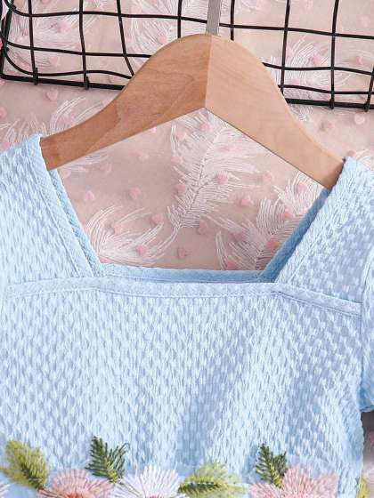 BAESD Girls Cotton Self Design Embroidered Square Neck Puff Sleeve Net Fit & Flare Dress