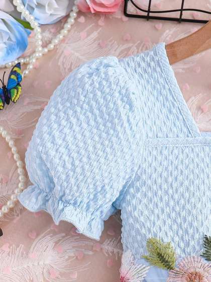 BAESD Girls Cotton Self Design Embroidered Square Neck Puff Sleeve Net Fit & Flare Dress