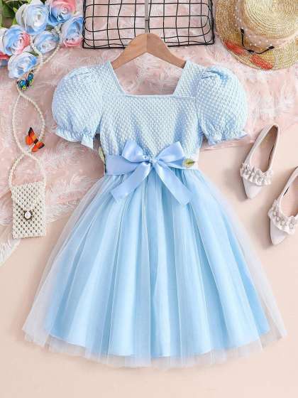 BAESD Girls Cotton Self Design Embroidered Square Neck Puff Sleeve Net Fit & Flare Dress
