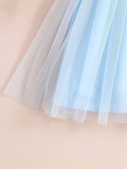 BAESD Girls Cotton Self Design Embroidered Square Neck Puff Sleeve Net Fit & Flare Dress