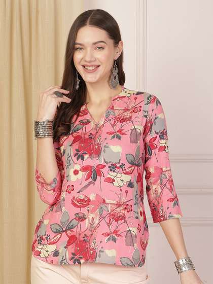 Anouk Rustic Floral Print Mandarin Collar Top