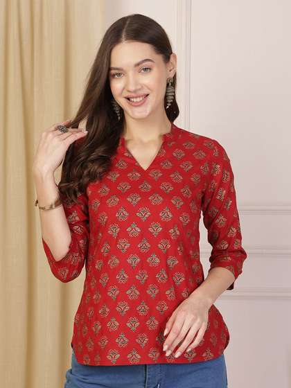 Anouk Rustic Floral Print Mandarin Collar Top