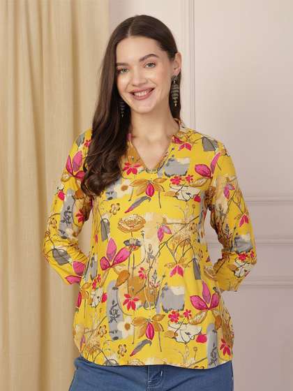 Anouk Rustic Floral Print Mandarin Collar Top
